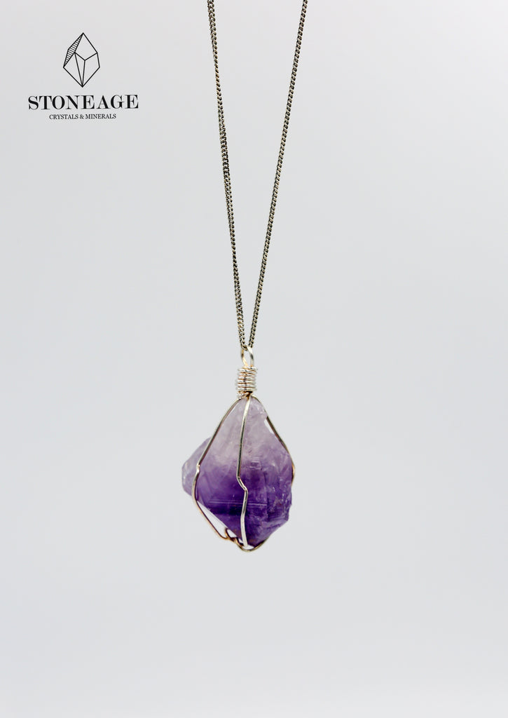 Amethyst Wire-Wrapped Pendant with silver chain