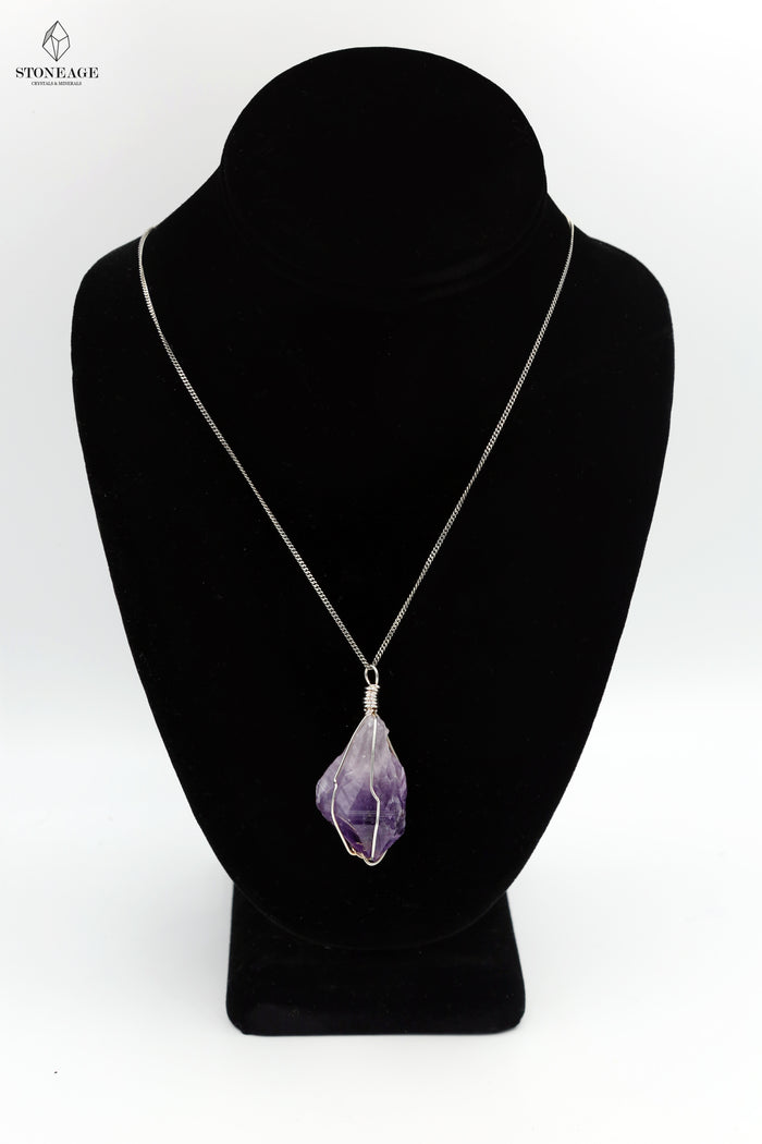 Amethyst Wire-Wrapped Pendant with silver chain
