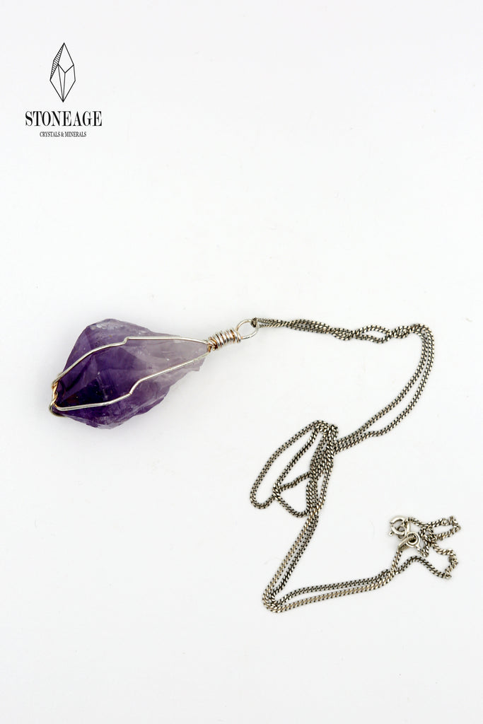 Amethyst Wire-Wrapped Pendant with silver chain