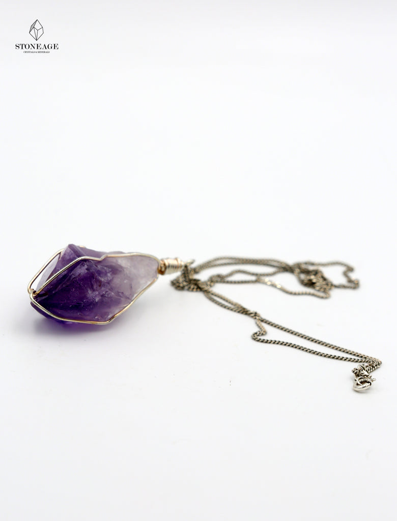 Amethyst Wire-Wrapped Pendant with silver chain